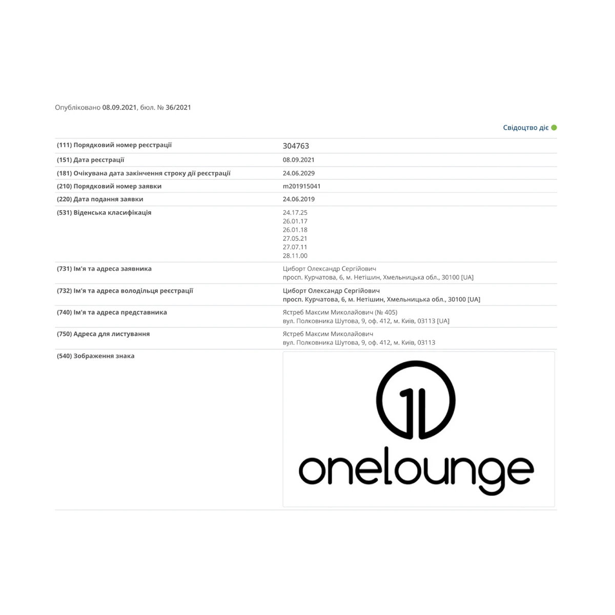 Бренд oneLounge — Официальные сертификаты подтверждения собственности.